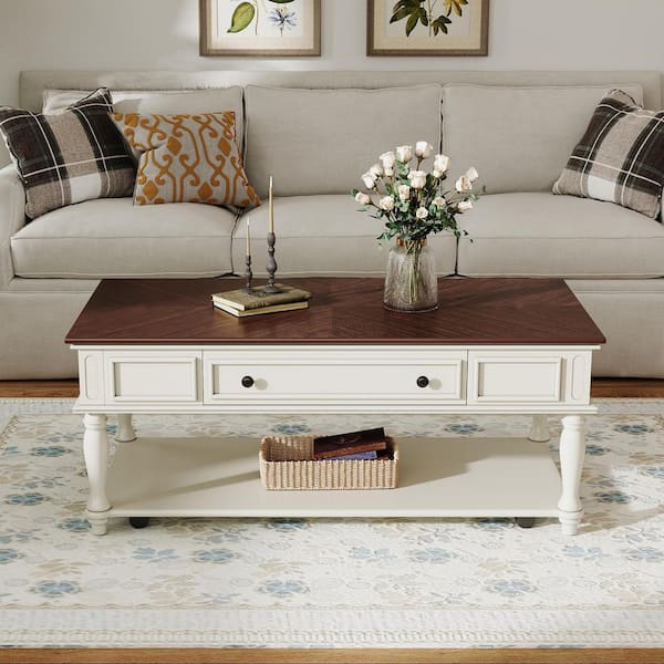 Algernon Farmhouse 47.20 in. White+Walnut Rectangle Wood Coffee Table with Drawer and Lockable Wheels