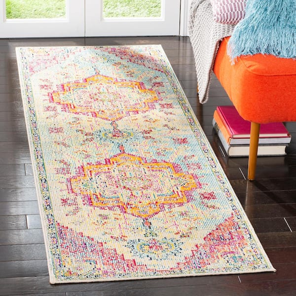 Crystal Light Blue/Fuchsia 2 ft. x 7 ft. Distressed Border Runner Rug
