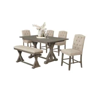Gilberta 6-Piece Counter Height Wooden Top Dining Set with Beige Linen Fabric Chairs and Bench.