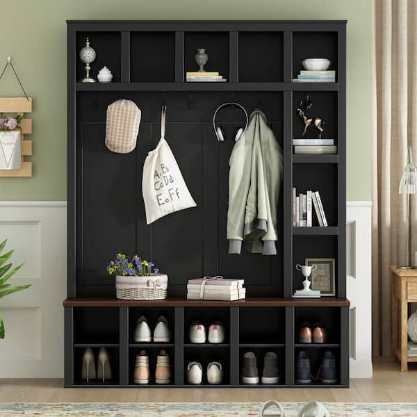 Farmhouse Hall Tree with 6 Hooks, Walnut Storage Bench with Adjustable Shelves, 13 Cubbies, Black plus Dark Walnut
