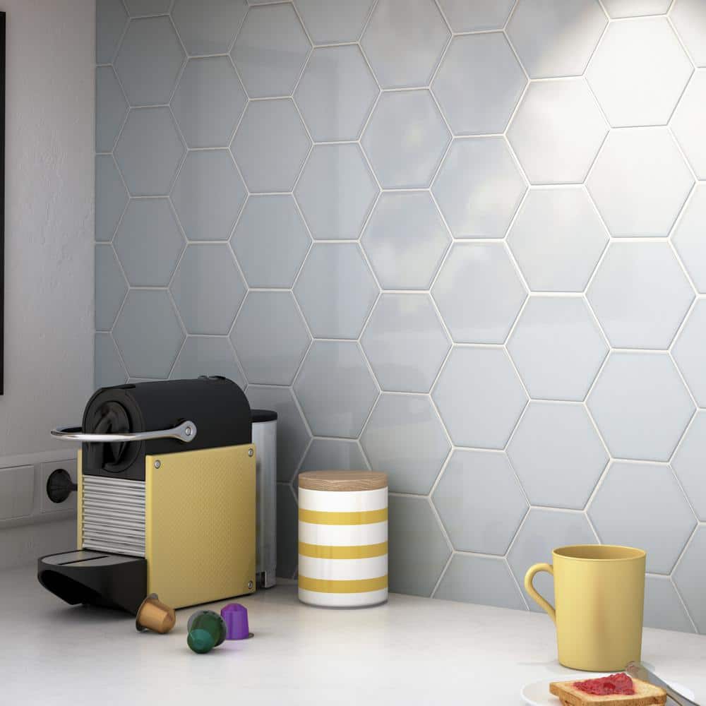 Sky Blue Glossy Ceramic Hexagon Wall Tile 4" x 5"