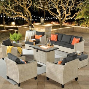 Camelia C Beige 8-Piece Wicker Patio Rectangular Fire Pit Seating Set with Black Cushions