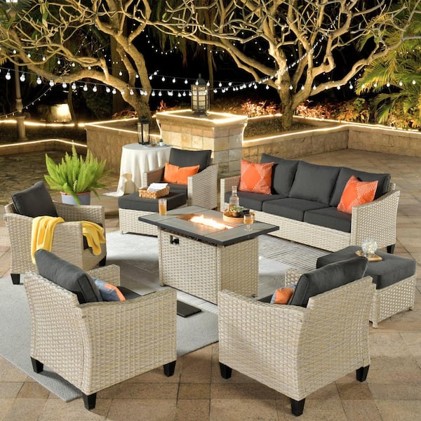 weaxty W Camelia C Beige 8-Piece Wicker Patio Rectangular Fire Pit Seating Set with Black Cushions