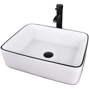 White Ceramic Rectangular Vessel Sink with Artistic Black Border with Black Faucet Pop up Drain Set