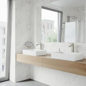 Matte Stone Magnolia Composite Rectangular Vessel Bathroom Sink in White with Faucet and Pop-Up Drain in Brushed Nickel