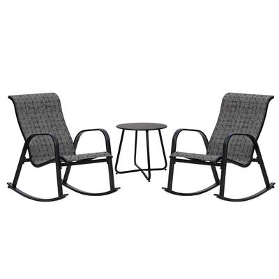 Black and White Plaid 3-Piece Metal Outdoor Bistro Set Rocking Chair Set