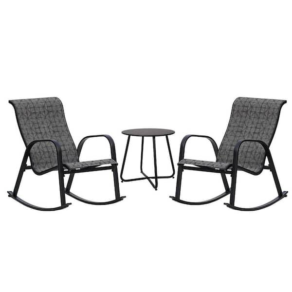 BANSA ROSE Black and White Plaid 3-Piece Metal Outdoor Bistro Set Rocking Chair Set