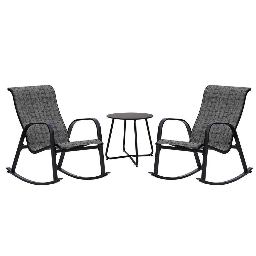 3Piece Metal Patio Conversation Set Rocking Chair Set in Black and