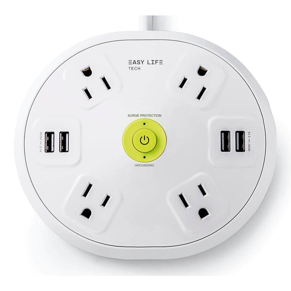 EasyLife Tech 6 ft. 4-Outlet, 4-USB, Round Hub Surge Protector - White -  0-2514