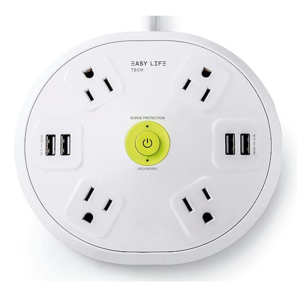 EasyLife Tech 6 ft. 4-Outlet, 4-USB, Round Hub Surge Protector - White