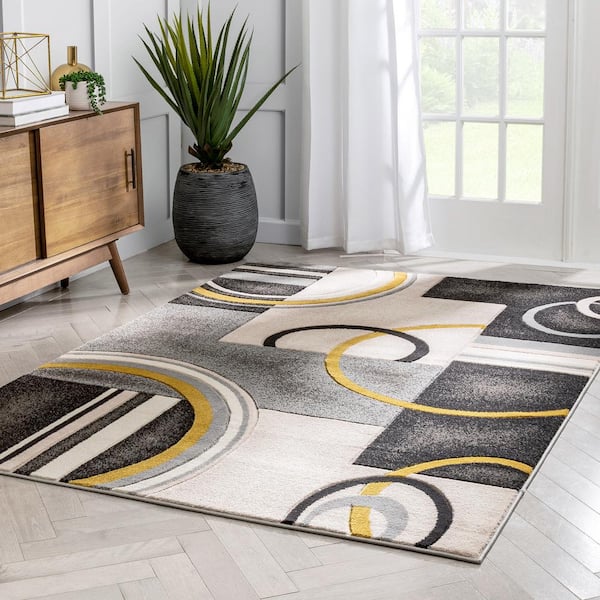 Grey Yellow Rug Geometric Abstract Pattern Modern Carpet Small Extra Large Mats 