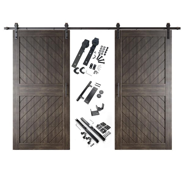 HOMACER XT4 32 in. x 84 in. C-Panel Ebony Slanted Stripe Design Double Pine Wood Sliding Barn Door with Hardware Kit