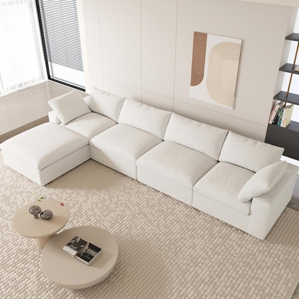 J&E Home 160.6 in. W Square Arm Linen L-Shaped 5-Pieces Modular Free Combination Sofa with Storage Ottoman in White