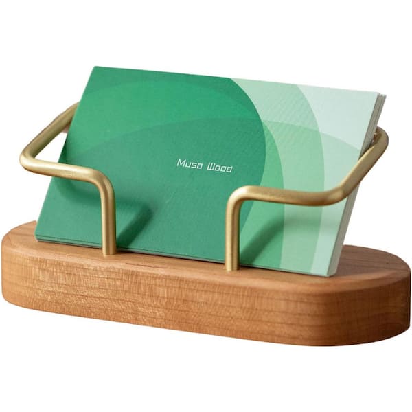 Cherry Wood Brass Business Card Holder Desk Organizer Large Capacity Display Stand for Office Desktop 1 Pack