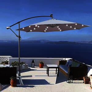 10 ft. Steel Cantilever Solar Patio Umbrella in Medium Gray with 24 Solar LED Lights and Cross Base for Garden Backyard