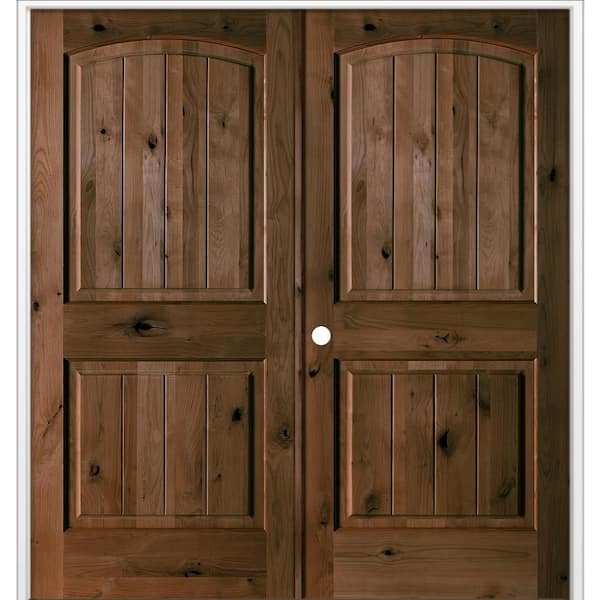 Krosswood Doors 48 in. x 80 in. Rustic Knotty Alder Arch Top VG Right Active Espresso Stain Wood Double Prehung Interior Door
