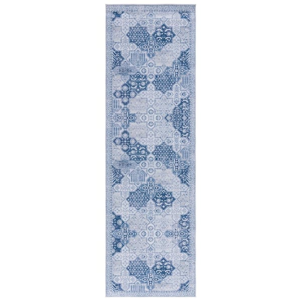 SAFAVIEH Tucson Gray/Navy 3 ft. x 8 ft. Machine Washable Border Geometric Floral Runner Rug