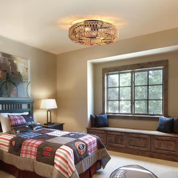19 in. Rattan Indoor Black Low Profile Flush Mount Ceiling Fan with no Bulbs