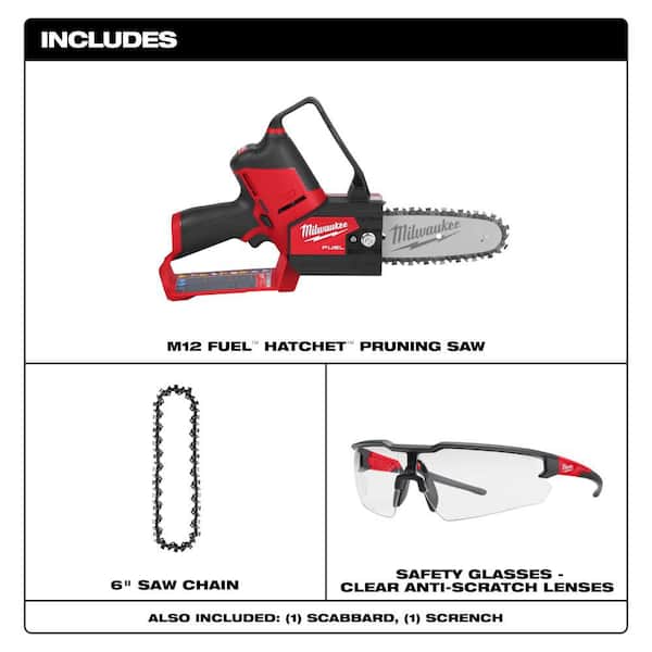 M12 FUEL 6 in. 12V Brushless Electric Battery Chainsaw Tool Only with Extra 6 in. Chain and Clear Safety Glasses