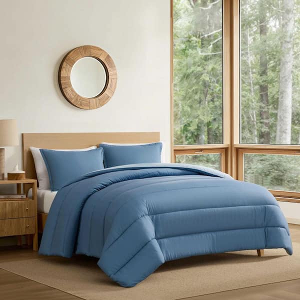 Connor Solid Channel Stitch Reversible 3-Piece Dark Blue Microfiber Full/Queen Comforter Set
