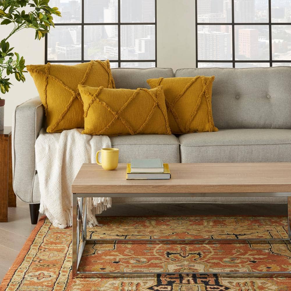 Mustard Diamond Embroidered 18" Square Cotton Throw Pillow