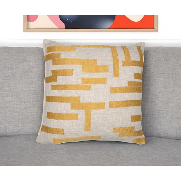 HomeRoots Yellow, Ivory Geometric Polyester 20 in. x 20 in. Throw Pillow