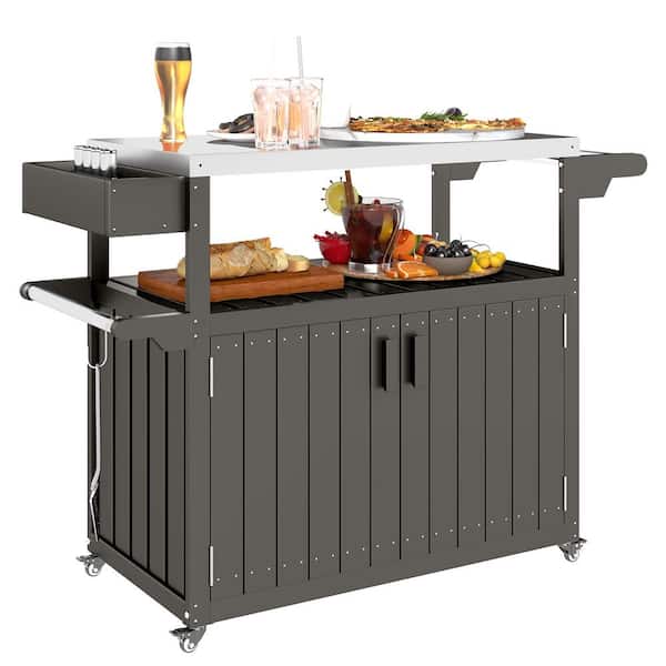 Outsunny Stainless Steel Top Kitchen Island, HDPE Outdoor Bar Table, Outdoor Bar Cart with Storage Cabinet, Movable Patio Table