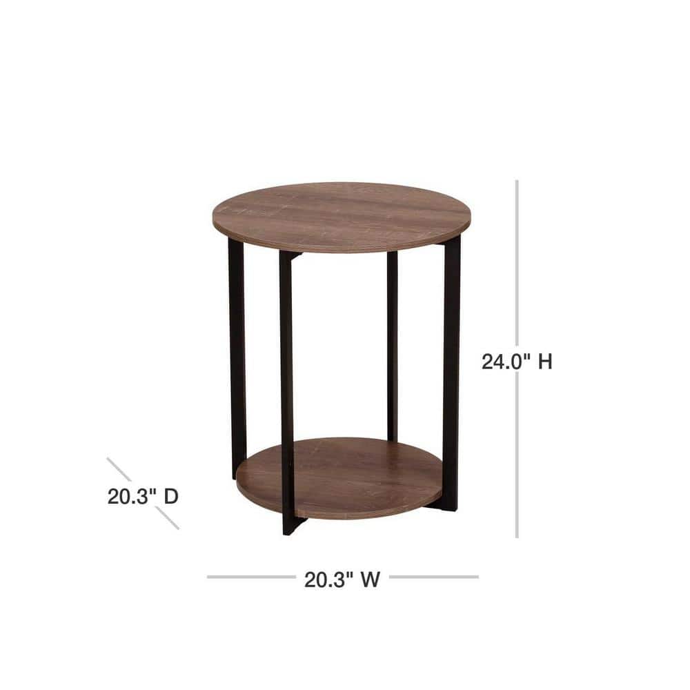 Ashwood Round 20" End Table with Black Metal Frame and Storage Shelf