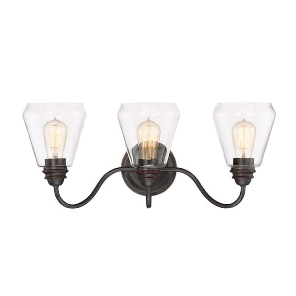 Foundry 24 in. 3-Light Satin Bronze Industrial Vanity Light with Clear Glass Shades