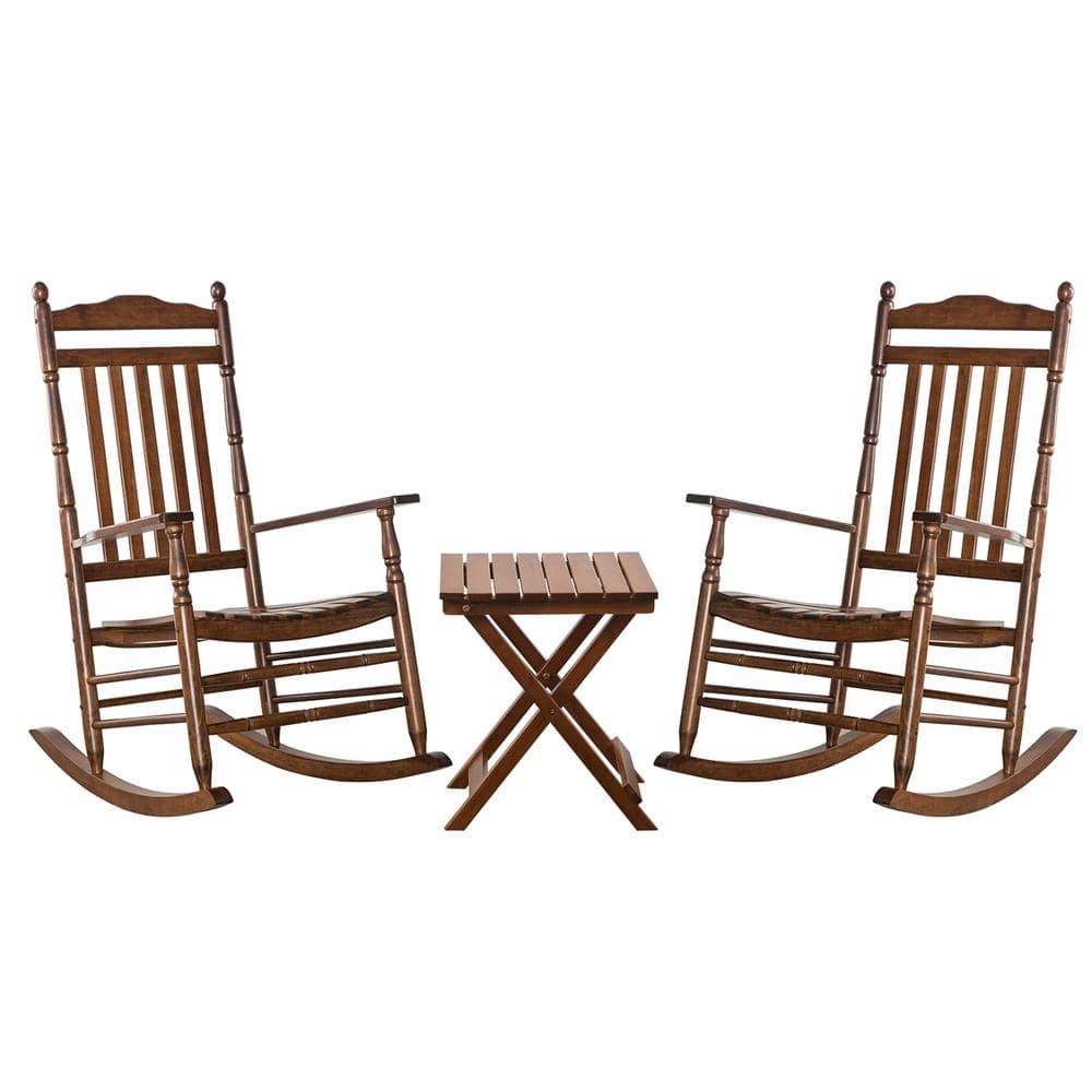 BplusZ Brown Wood Outdoor Rocking Chair, Traditional Porch Patio Rocker with Small Foldable Side Table, (Set of 3) KD-2240N