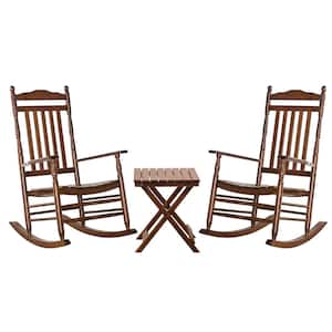Brown Wood Outdoor Rocking Chair, Traditional Porch Patio Rocker with Small Foldable Side Table, (Set of 3)