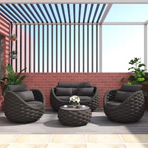 Black 4-Piece Aluminum Outdoor Patio Sectional Set Rattan Conversation Sets with Dark Gray Seat Cushion and Back Cushion