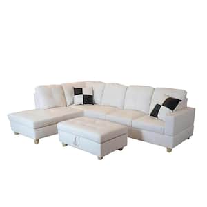 103.5 in. W Square Arm 3-Piece Faux Leather L Shaped Sectional Sofa in White