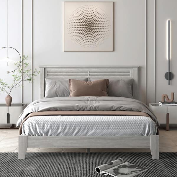 GALANO Harlowin Louvered Dusty Gray Oak Wood Frame Queen Platform Bed with Headboard
