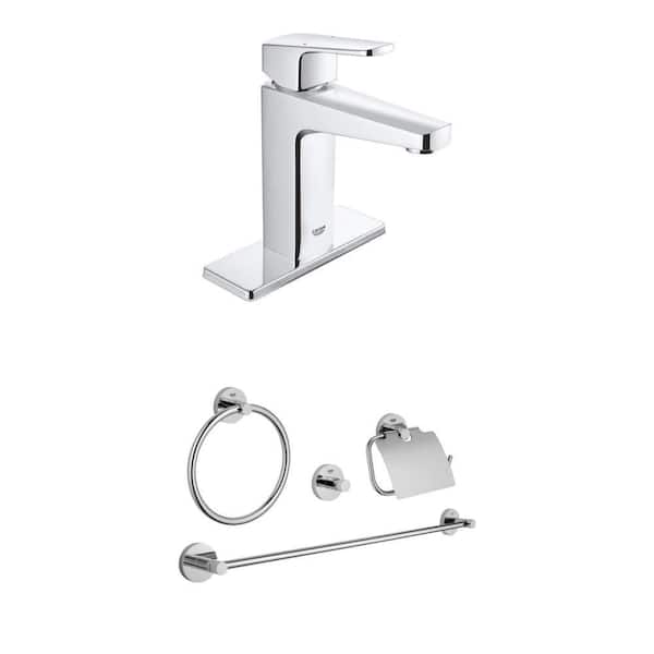Essentials Master 4-Piece Bath Hardware Set and Tallinn 4 in. Centerset Bathroom Faucet in StarLight Chrome Combo