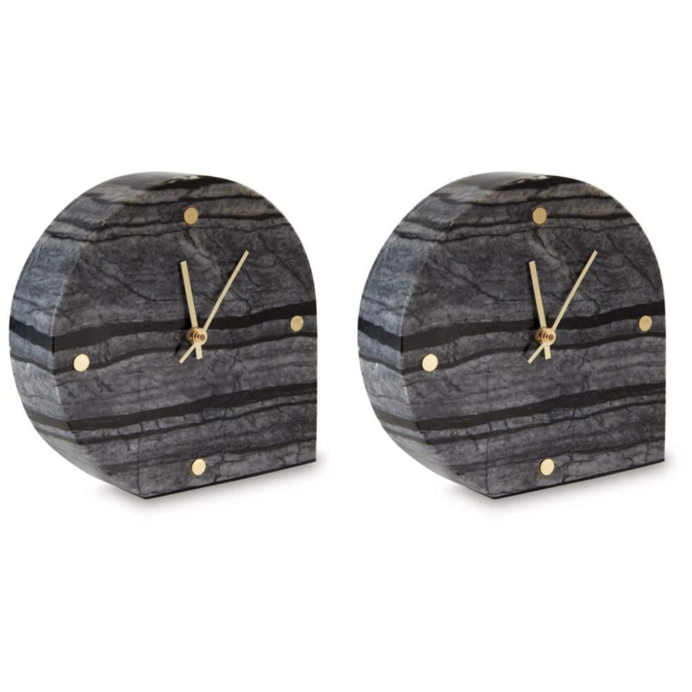 Black Marble Contemporary Table Clock Set with Gold Accents