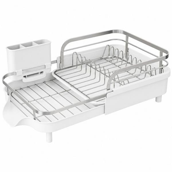 White Dish Drying Rack, Stainless Steel Rustproof Dish Rack, with Detachable Utensil Holder for Small Kitchen Countertop