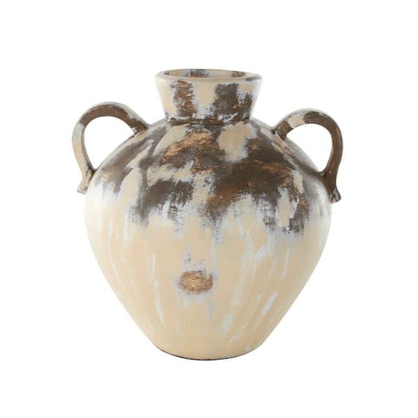 Litton Lane Cream Antique Style Pot Ceramic Decorative Vase with Arched Handles