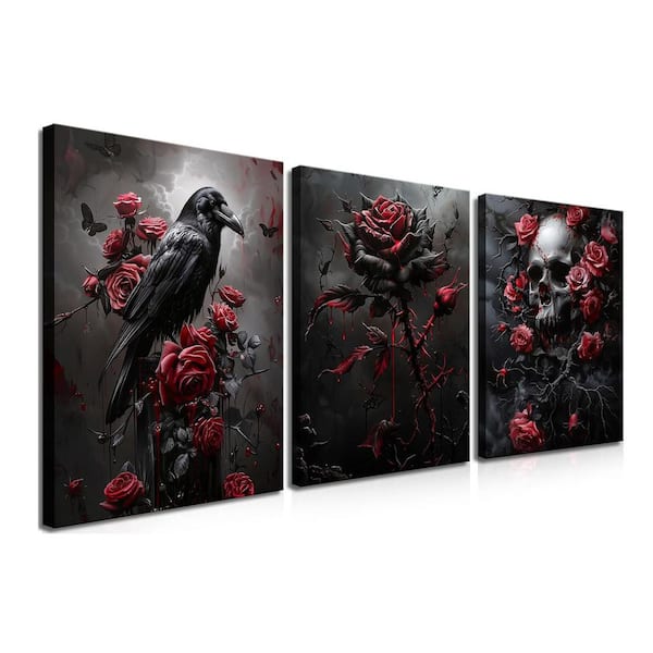 Unbranded 3 Piece Gothic Canvas Art Set Romantic Rose, Crow and Skull Prints, 12 x 16 in. Framed