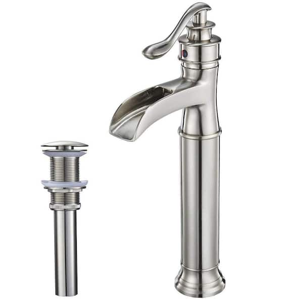 FORCLOVER Single Hole Single Handle Waterfall Bathroom Vessel Sink Faucet with Pop-up Drain Assembly in Brushed Nickel