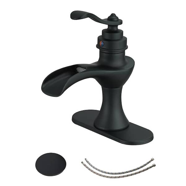 Dimakai Waterfall Single Hole Single-Handle Low-Arc Bathroom Faucet With Pop-up Drain Assembly in Matte Black