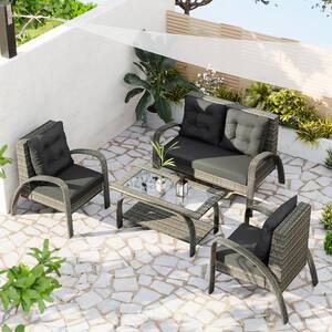 4-Piece Gray Wicker Patio Conversation Set with Gray Cushions Tempered Glass Storage Tea Table