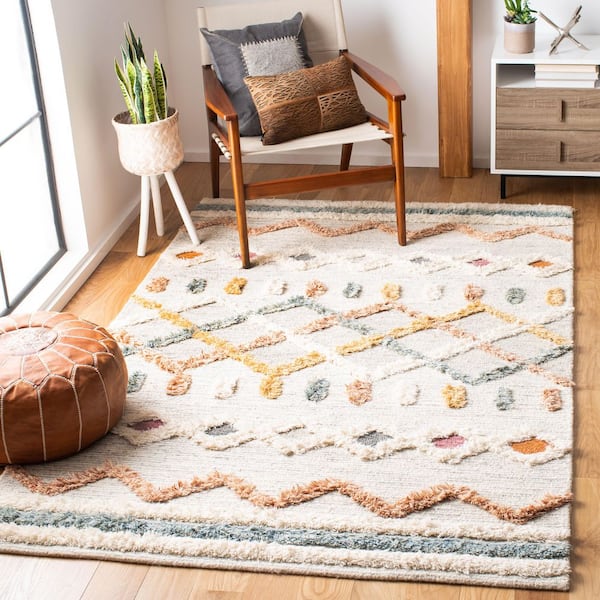 Kenya Ivory/Blue 5 ft. x 8 ft. High-Low Flokati Trellis Chevron Area Rug