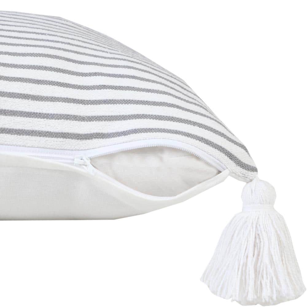 Gray and White Striped Cotton Square Throw Pillow with Tassels