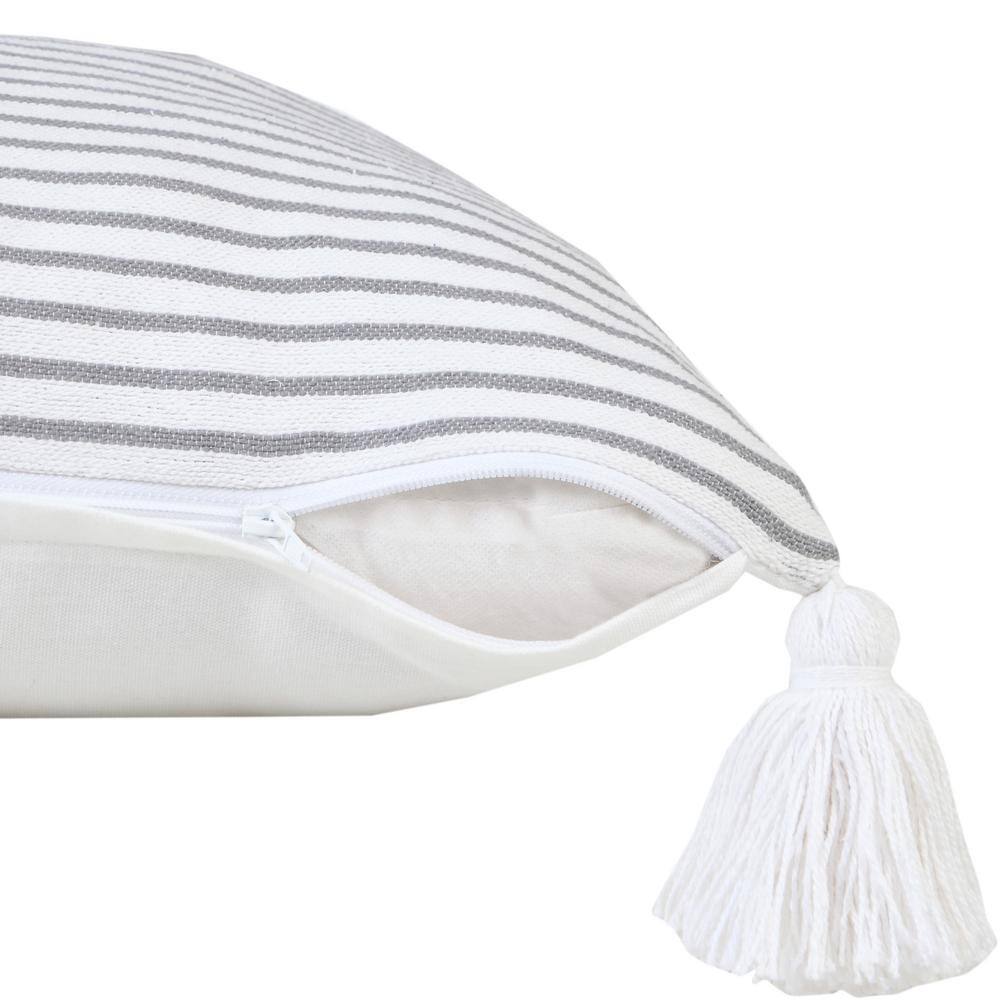 Gray and White Striped Cotton Square Throw Pillow with Tassels