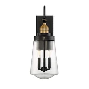 Macauley 9.13 in. W x 23.5 in. 3-Light Black/Warm Brass Hardwired Outdoor Wall Lantern Sconce with Clear Glass Shade