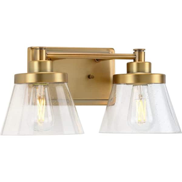 Hinton Collection 15.5 in. 2-Light Vintage Brass Clear Seeded Glass Farmhouse Bath Vanity Light