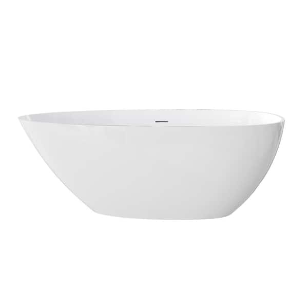 59 in. x 30.75 in. Solid Surface Freestanding Soaking Bathtub with Center Drain in Glossy White