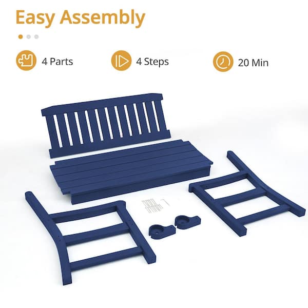 Navy Blue 2-Person Plastic Outdoor Bench with Cup Holder All-Weather HDPS Garden Bench Waterproof for Backyard