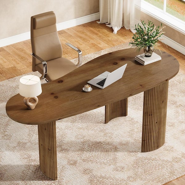 59 in. Rectangle Brown Solid Wood Computer Desk with Curved Tabletop, Farmhouse Executive Desk Writing Table for Office